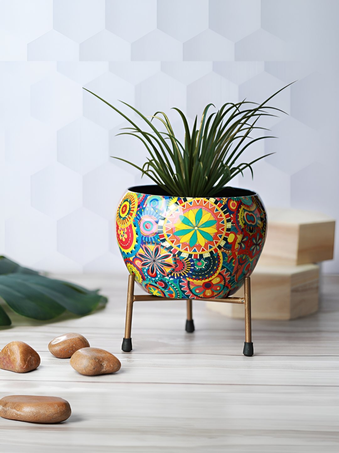 

Homspurts Yellow & Red Metal Planter with Stand