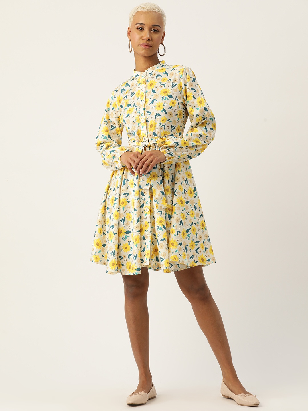 

Rue Collection Floral Print Puff Sleeve Crepe A-Line Dress, Off white