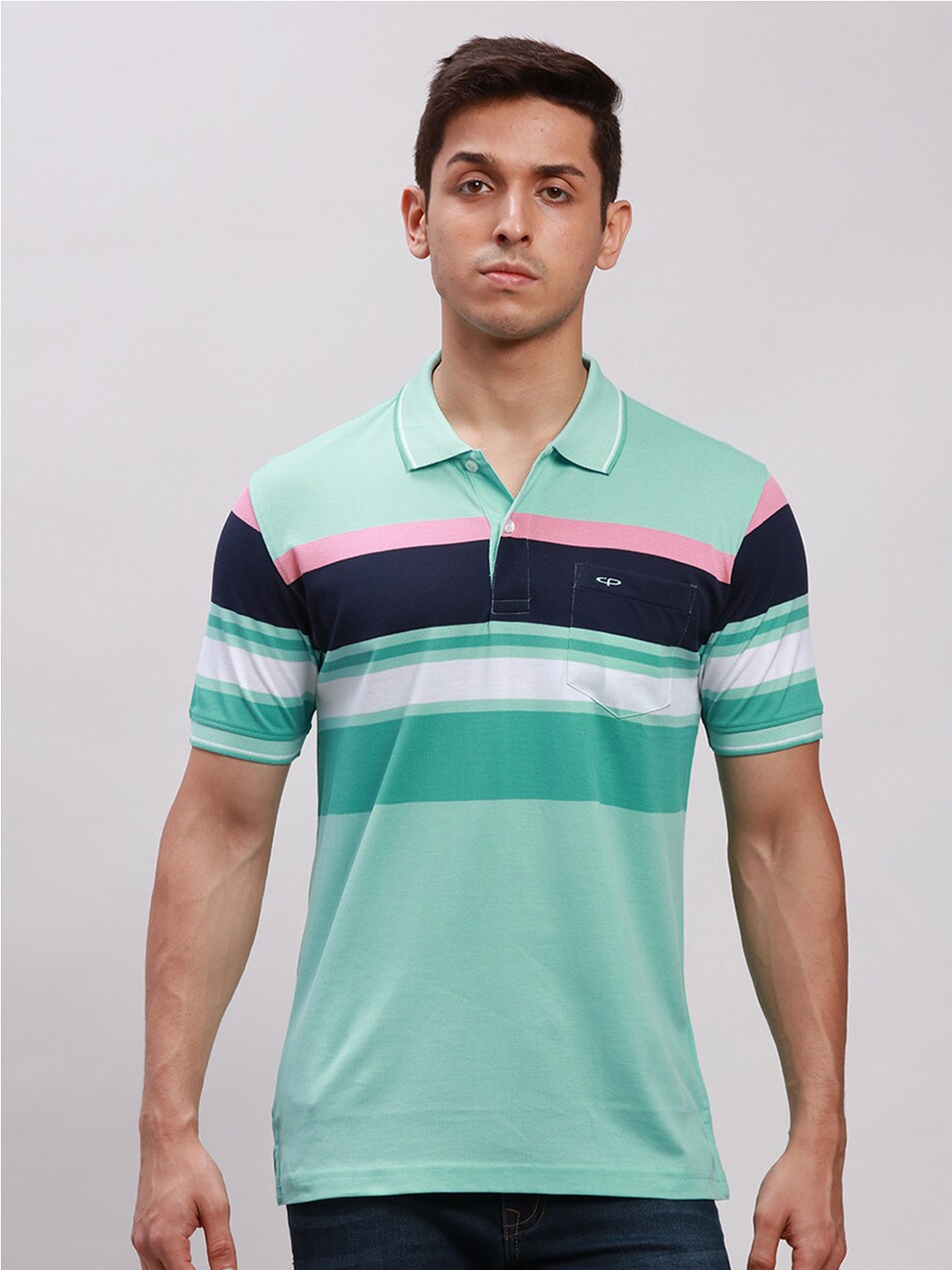

ColorPlus Striped Tailored Fit Polo Collar Cotton T-shirt, Sea green