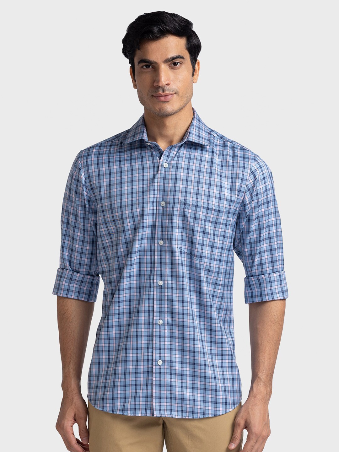 

ColorPlus Tailored Fit Tartan Checked Cotton Casual Shirt, Blue