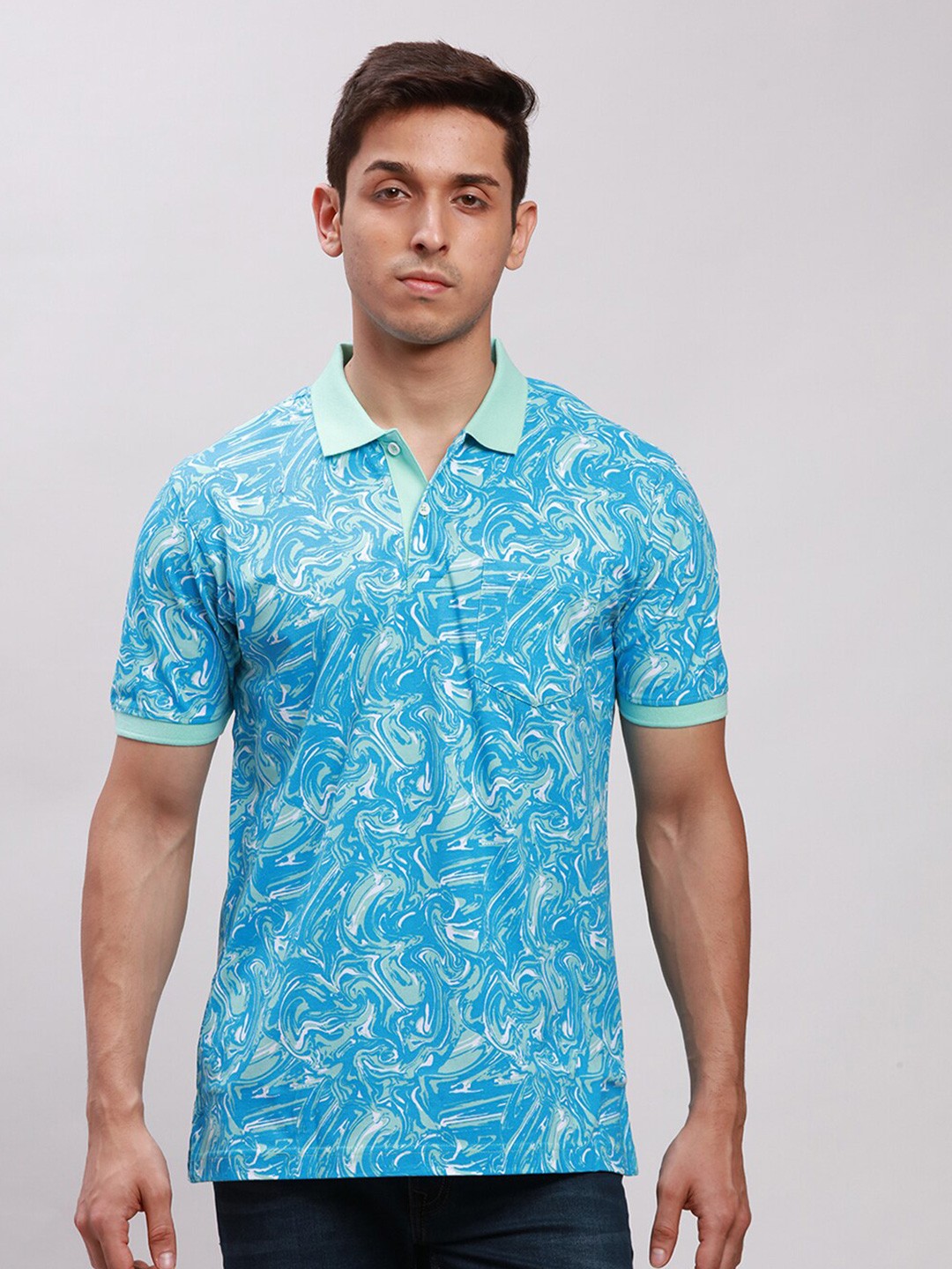

ColorPlus Abstract Printed Tailored Fit Polo Collar Cotton T-shirt, Blue