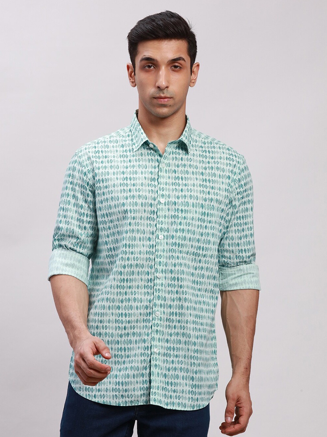 

ColorPlus Tailored Fit Floral Printed Cotton Casual Shirt, Green