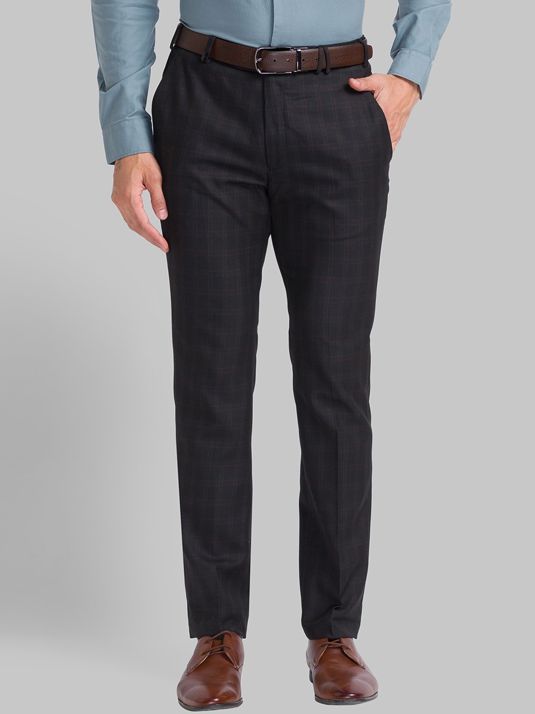 

Park Avenue Men Mid Rise Checked Plain Slim Fit Formal Trousers, Black