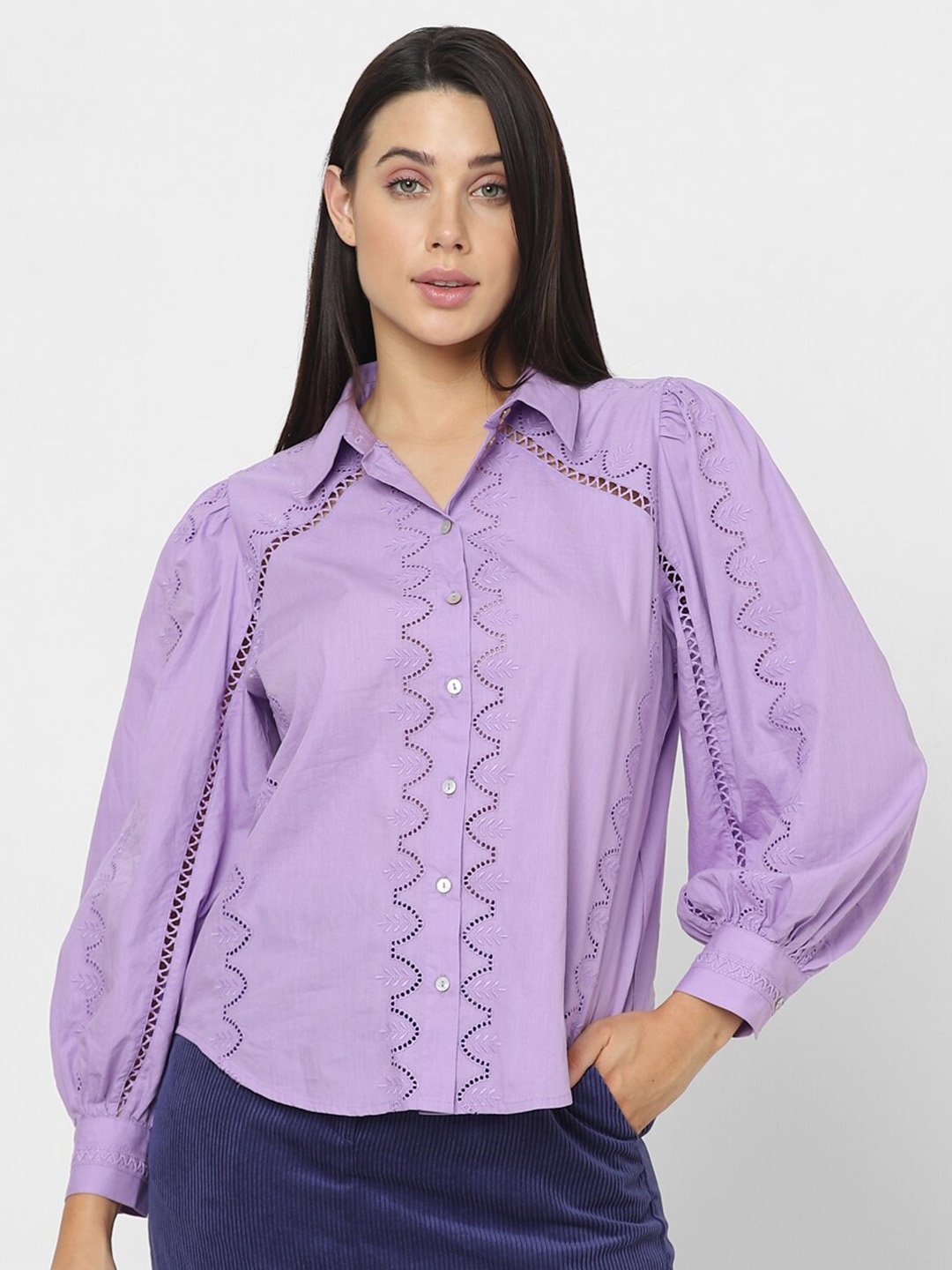 

Vero Moda Self Design Semi Sheer Pure Cotton Casual Shirt, Purple