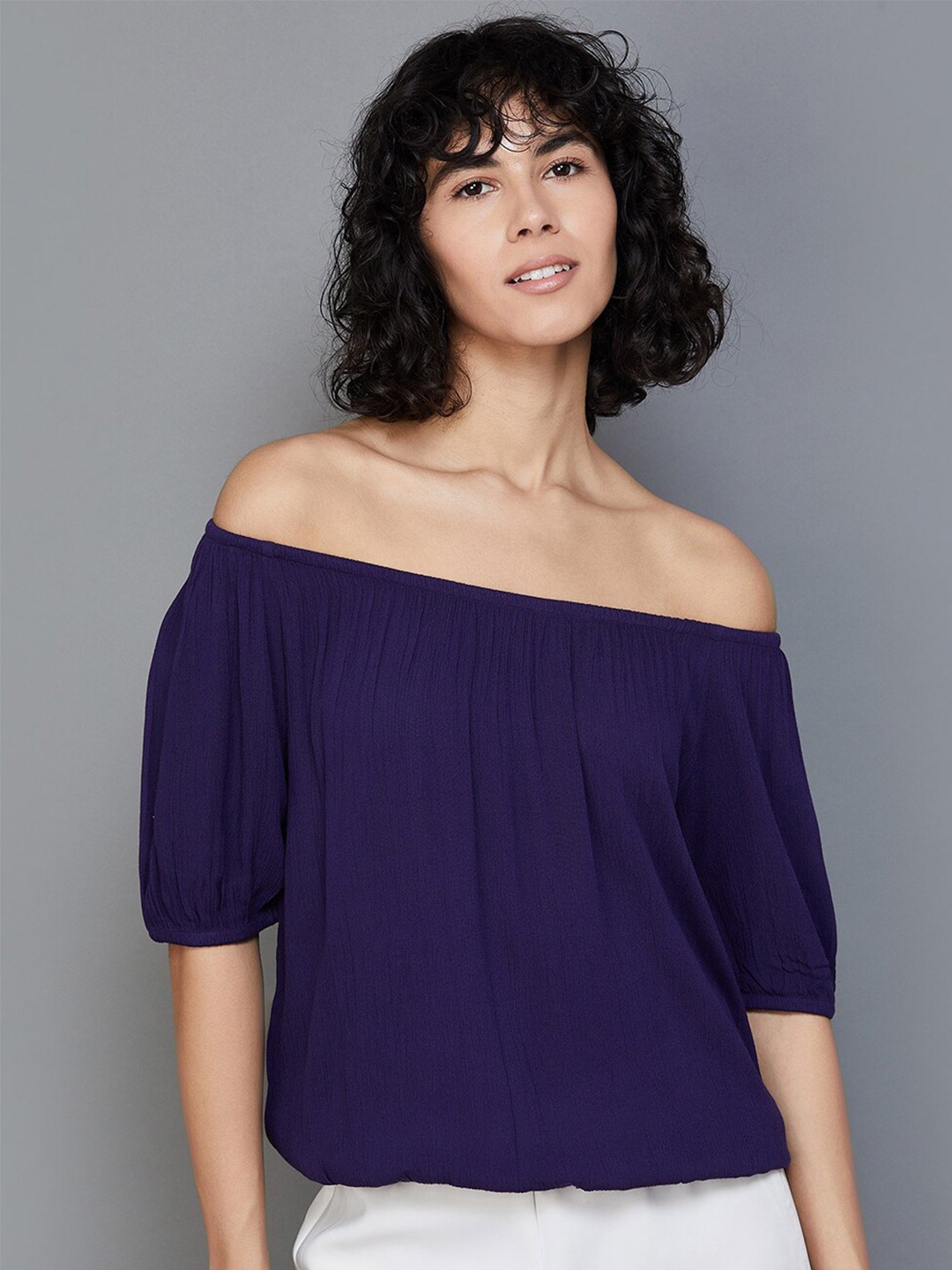 

Fame Forever by Lifestyle Off Shoulder Puff Sleeves Bardot Top, Purple