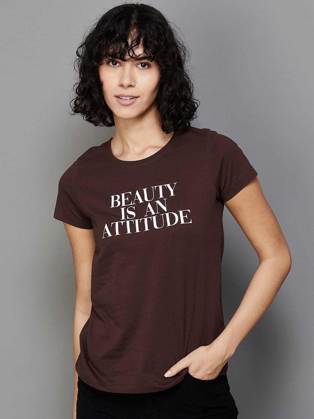 

Fame Forever by Lifestyle Typography Printed Round Neck Cotton Regular Top, Brown