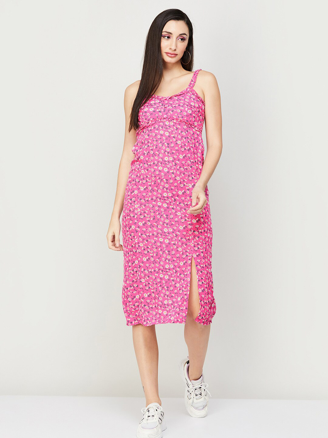 

Ginger by Lifestyle Floral Printed Shoulder Straps Sleeveless A-Line Dress, Pink