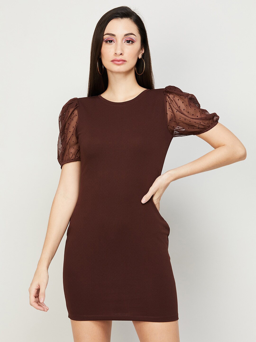 

Ginger by Lifestyle Round Neck Puff Sleeves Sheath Dress, Brown