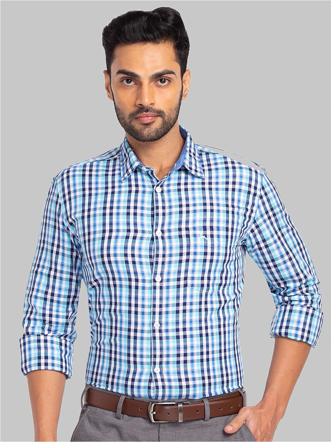 

Parx Checked Cotton Slim Fit Casual Shirt, Blue