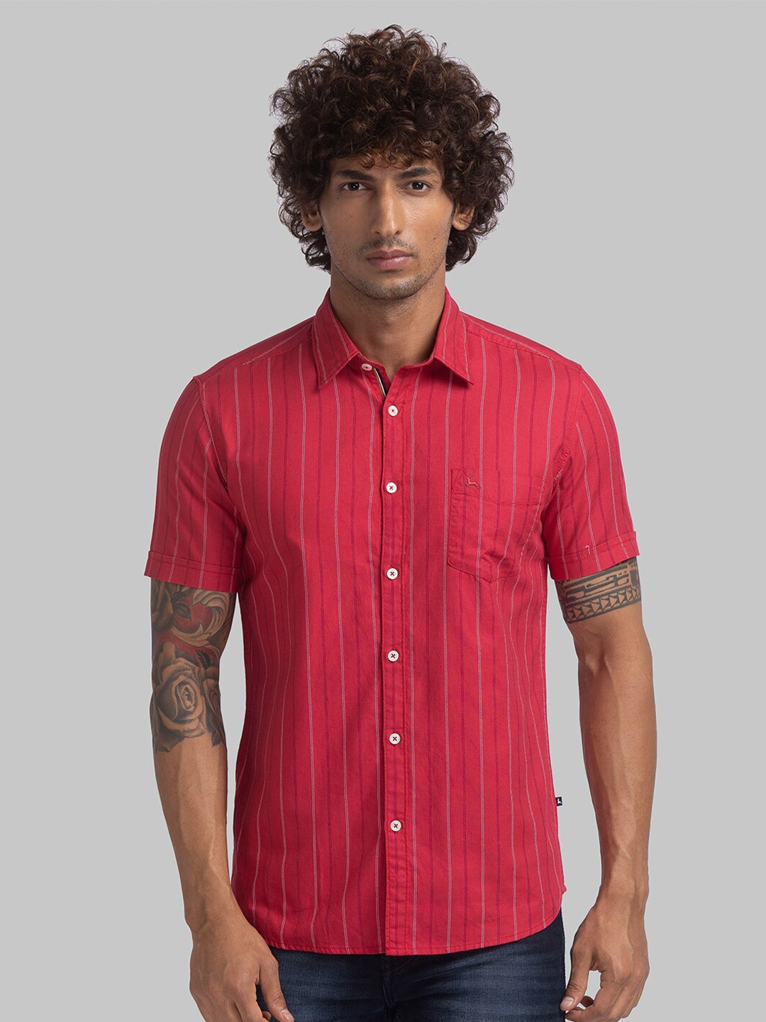 

Parx Slim Fit Vertical Stripes Cotton Casual Shirt, Red
