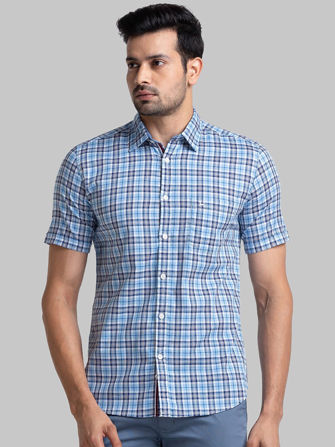 

Parx Checked Cotton Slim Fit Casual Shirt, Blue