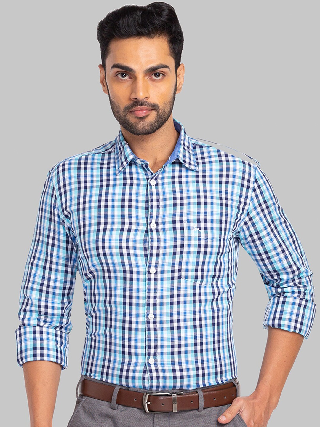 

Parx Slim Fit Checked Cotton Casual Shirt, Blue