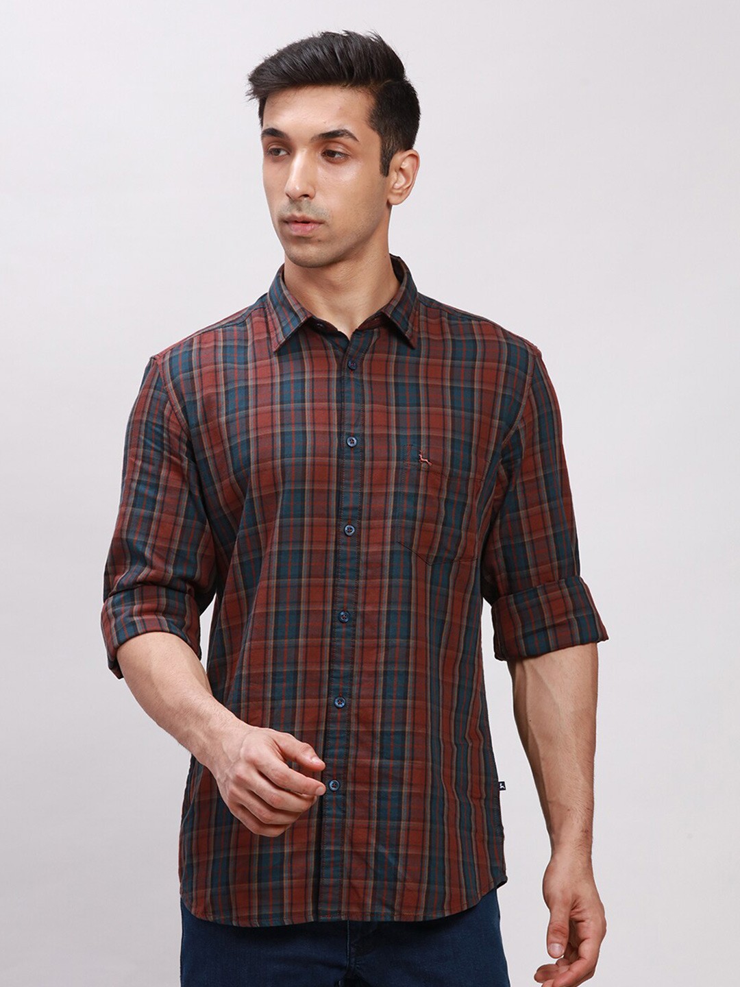 

Parx Tartan Checked Cotton Slim Fit Casual Shirt, Red