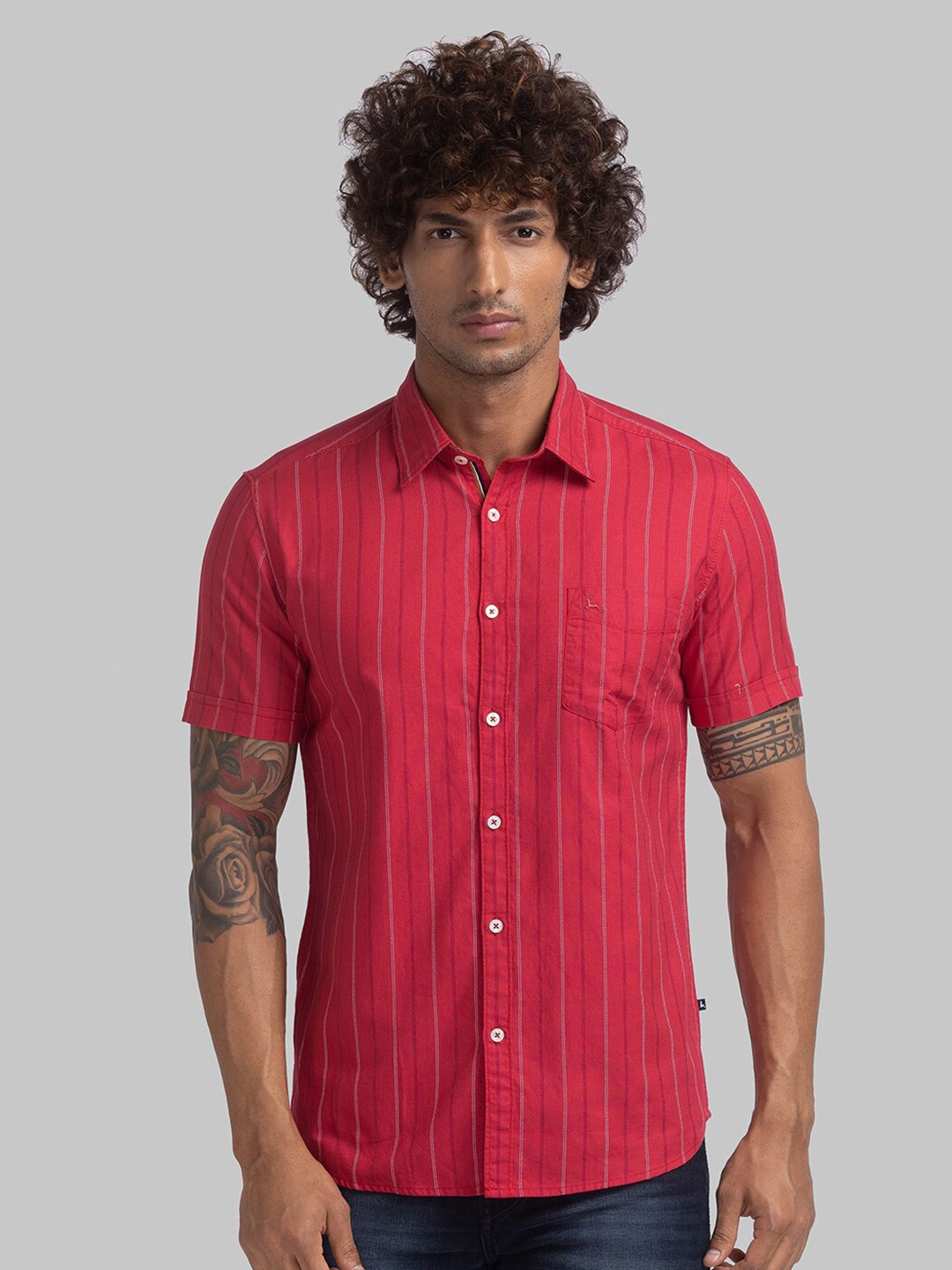 

Parx Slim Fit Striped Cotton Casual Shirt, Red