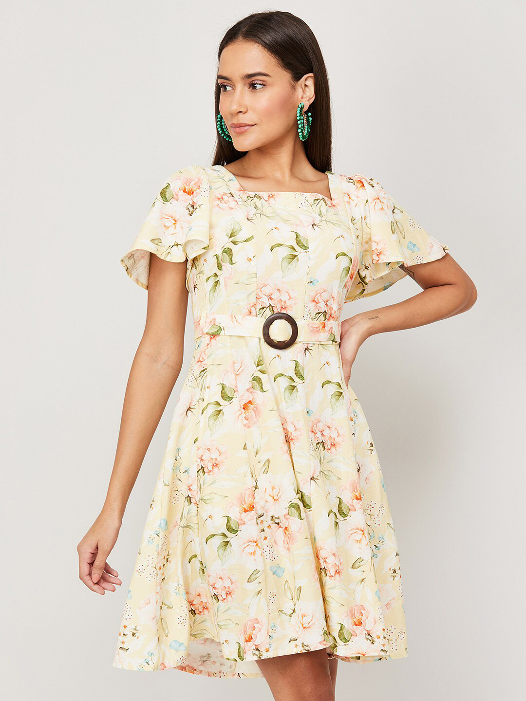 

CODE by Lifestyle Floral Printed Square neck Flared Sleeves Fit & Flare Above Knee Dress, Off white