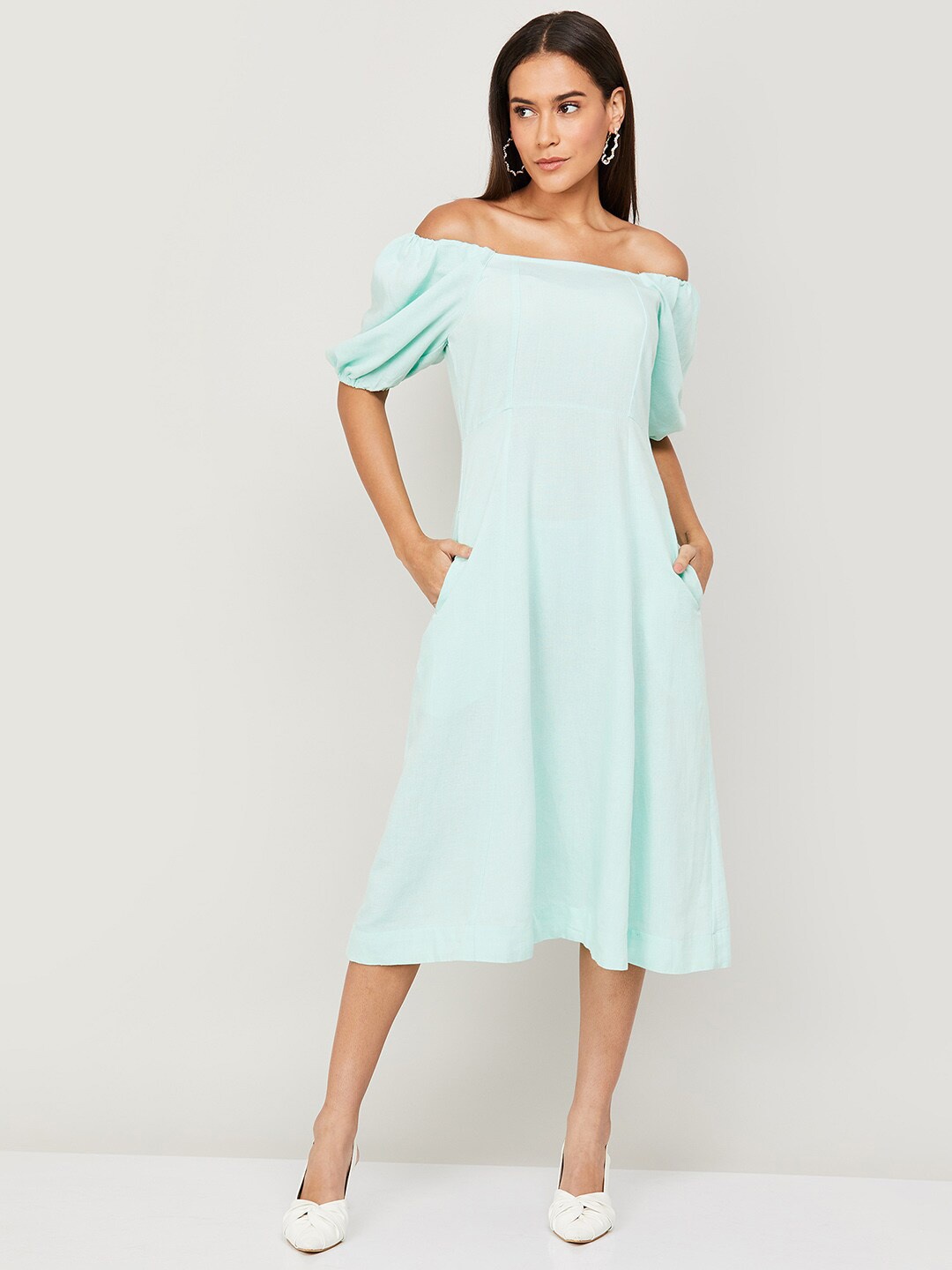 

CODE by Lifestyle Off-Shoulder Puff Sleeves A-Line Midi Dress, Green