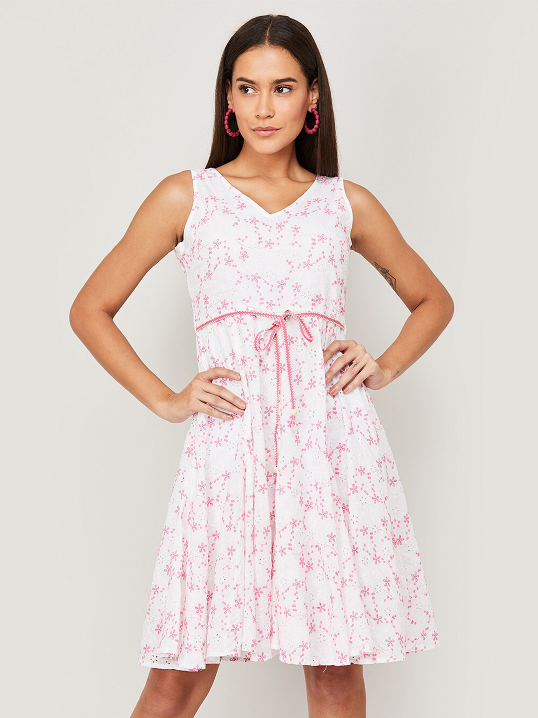 

CODE by Lifestyle V-Neck Sleeveless Schiffli Pure Cotton Fit & Flare Knee Length Dress, White