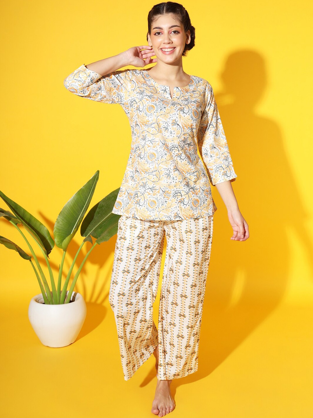 

ETC Floral Printed Pure Cotton Top With Pyjamas, Yellow