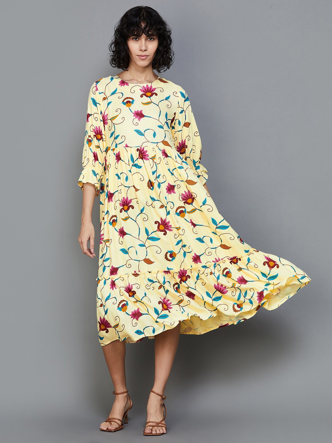 

Colour Me by Melange Floral Printed Fit & Flared Midi Dress, Yellow