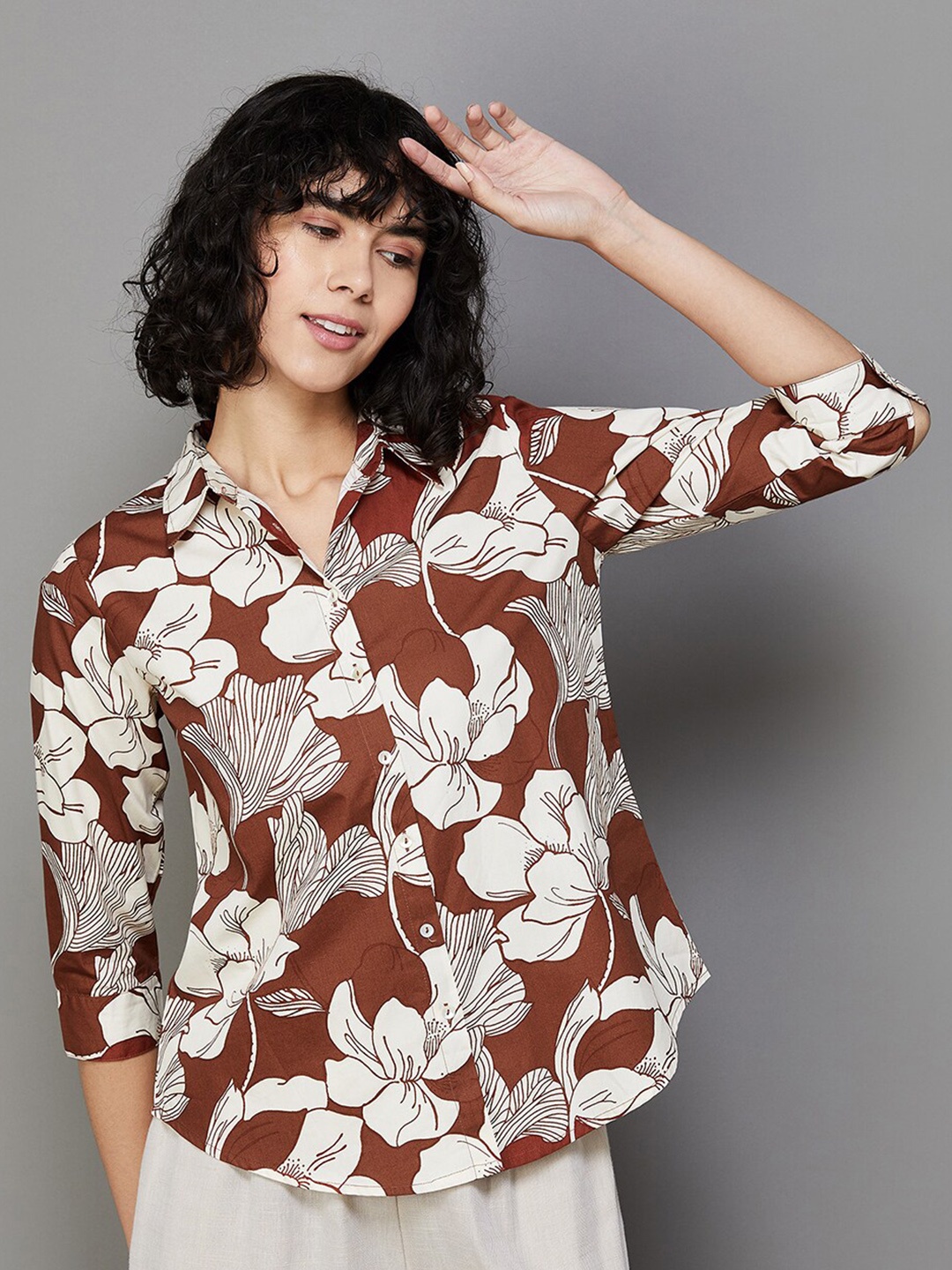 

Colour Me by Melange Floral Printed Shirt Collar Printed Cotton Tunic, Rust