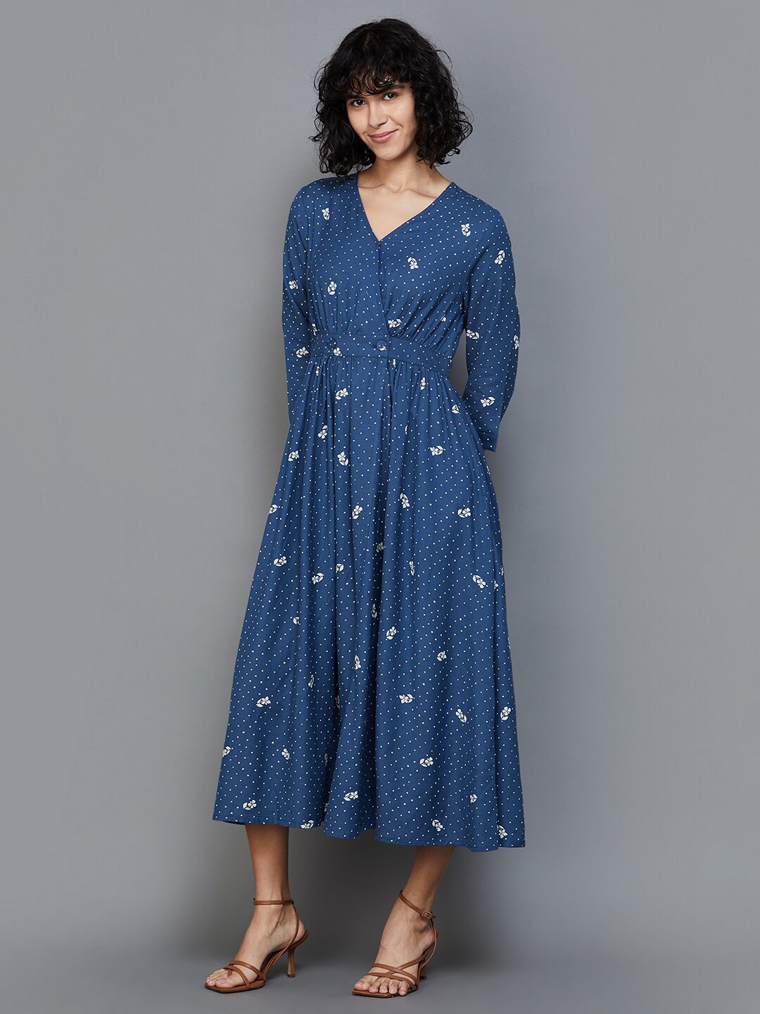 

Colour Me by Melange Floral Printed V-Neck Fit & Flared Midi Dress, Blue