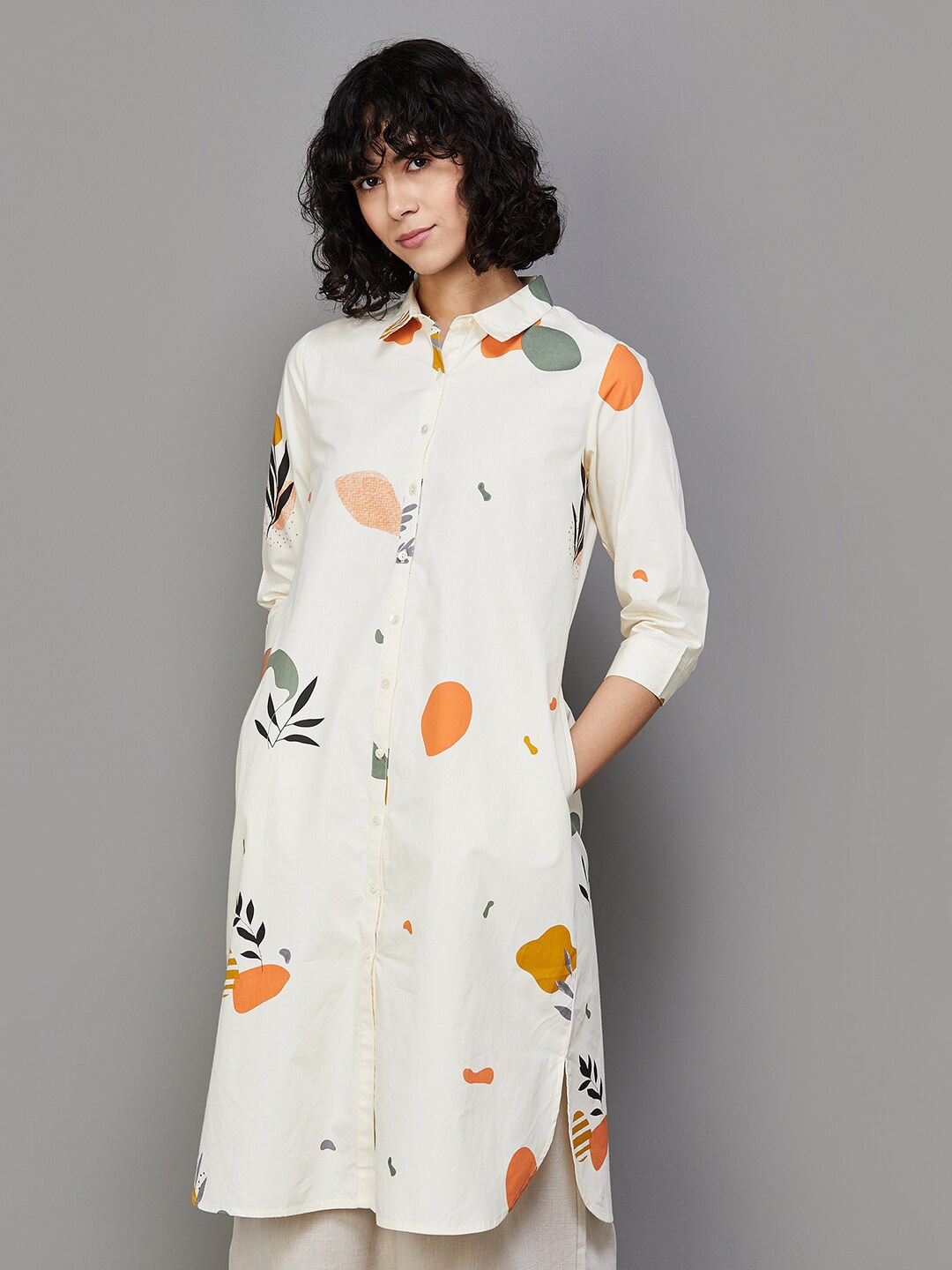 

Colour Me by Melange Floral Printed Shirt Collar Cotton Straight Kurta, Off white