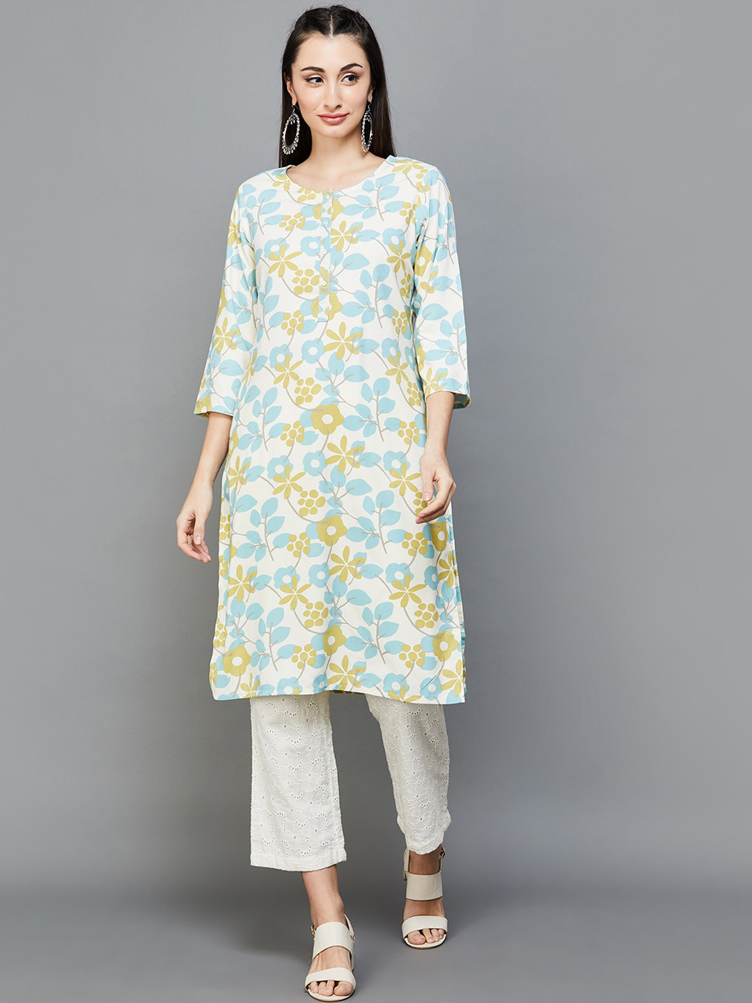 

Melange by Lifestyle Floral Printed Round Neck Regular Kurta, Off white