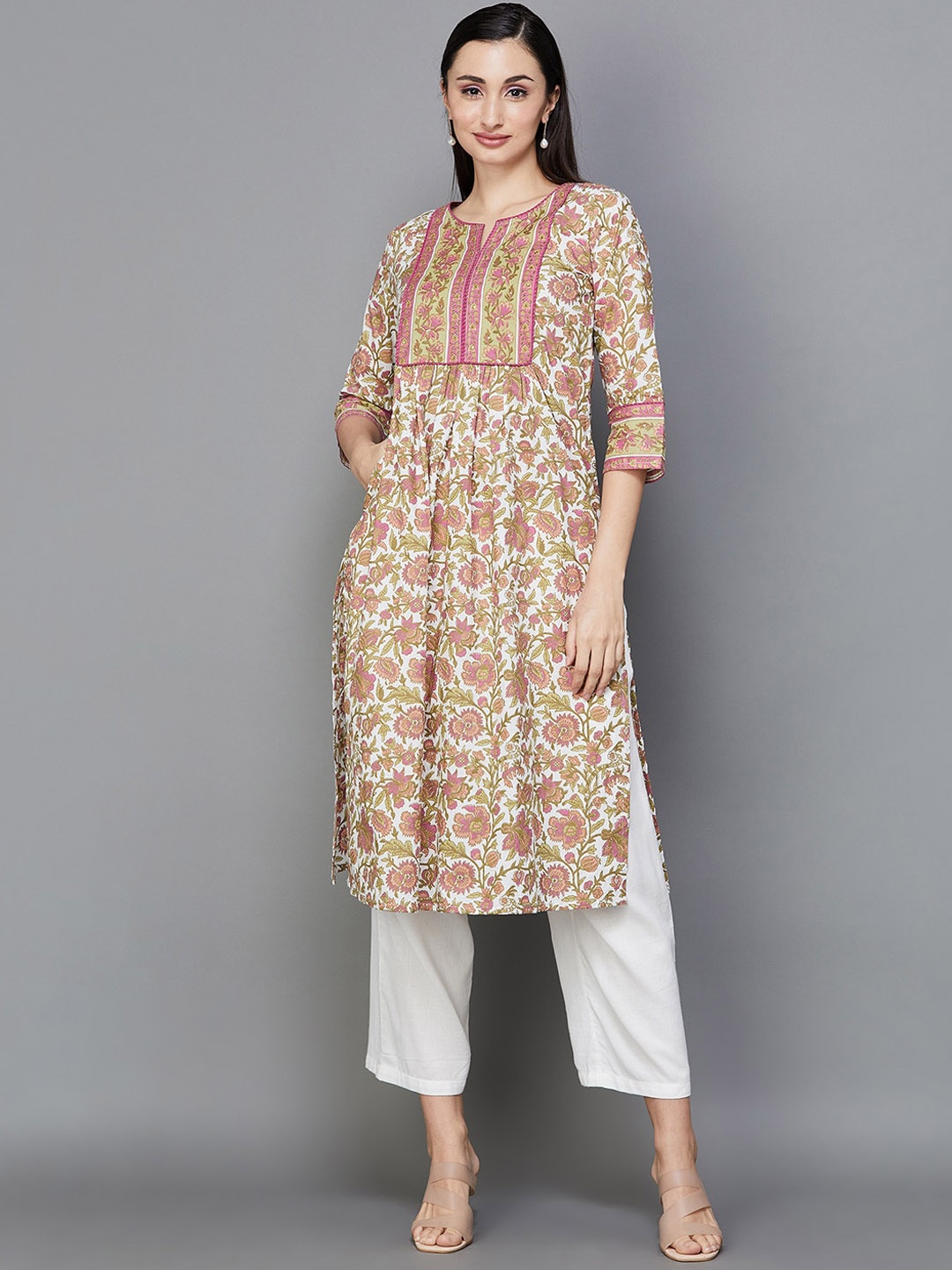 

Melange by Lifestyle Floral Printed Pure Cotton A-Line Kurta, Off white