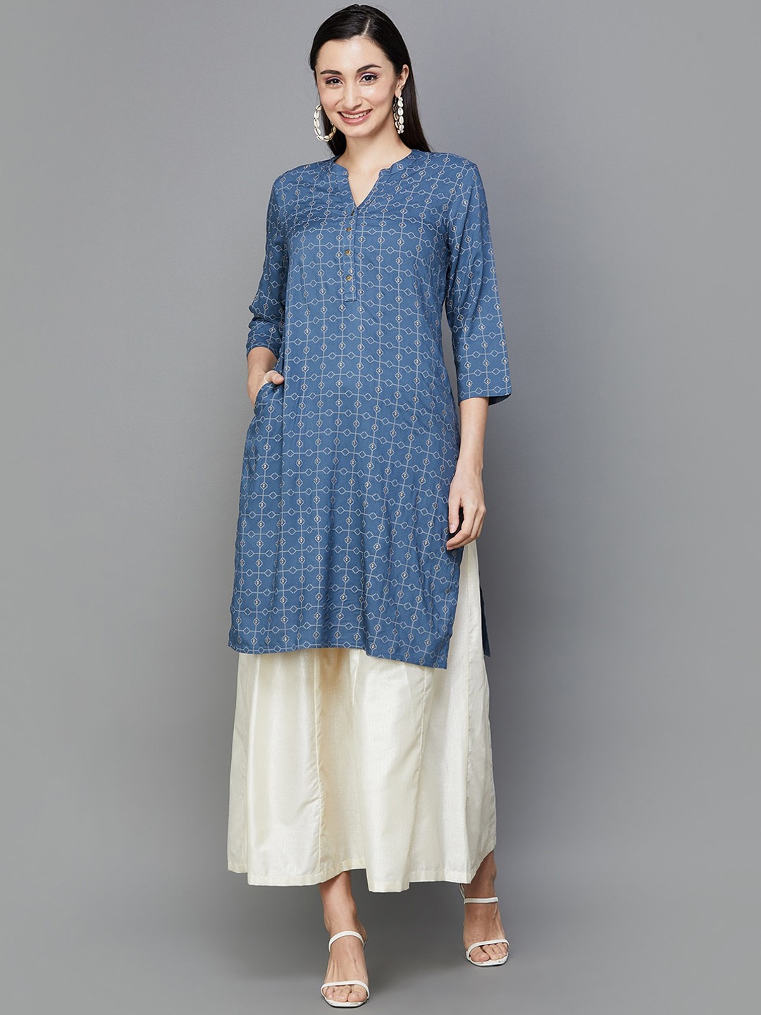 

Melange by Lifestyle Ethnic Motifs Printed A-Line Kurta, Blue
