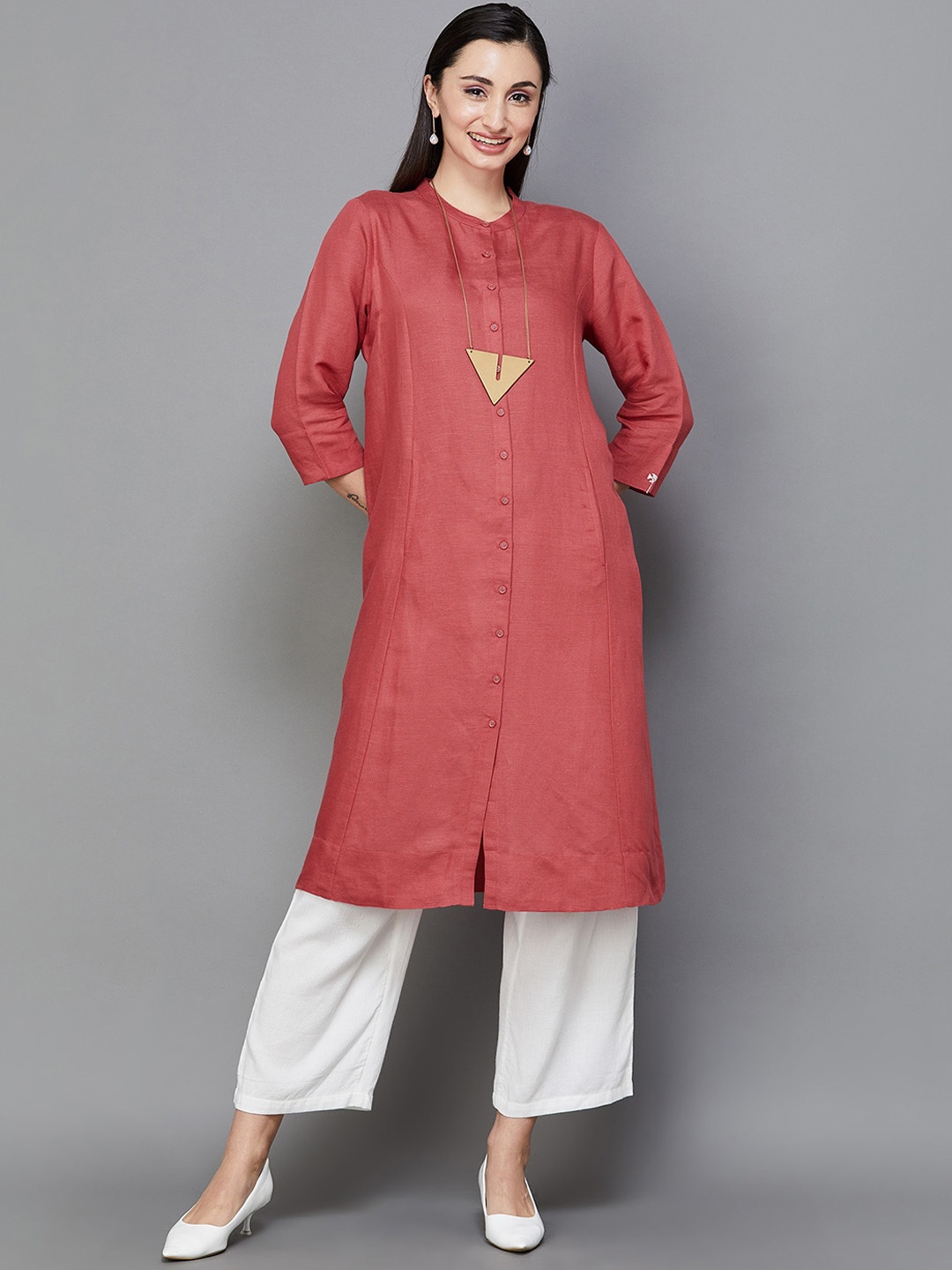 

Melange by Lifestyle Mandarin Collar A-Line Linen Kurta, Coral
