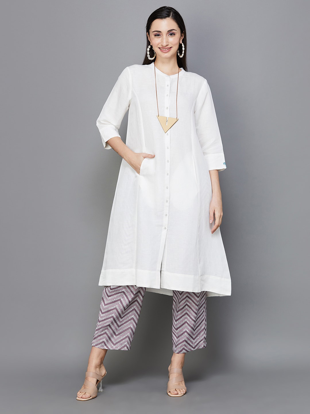 

Melange by Lifestyle Mandarin Collar A-Line Linen Kurta, Off white
