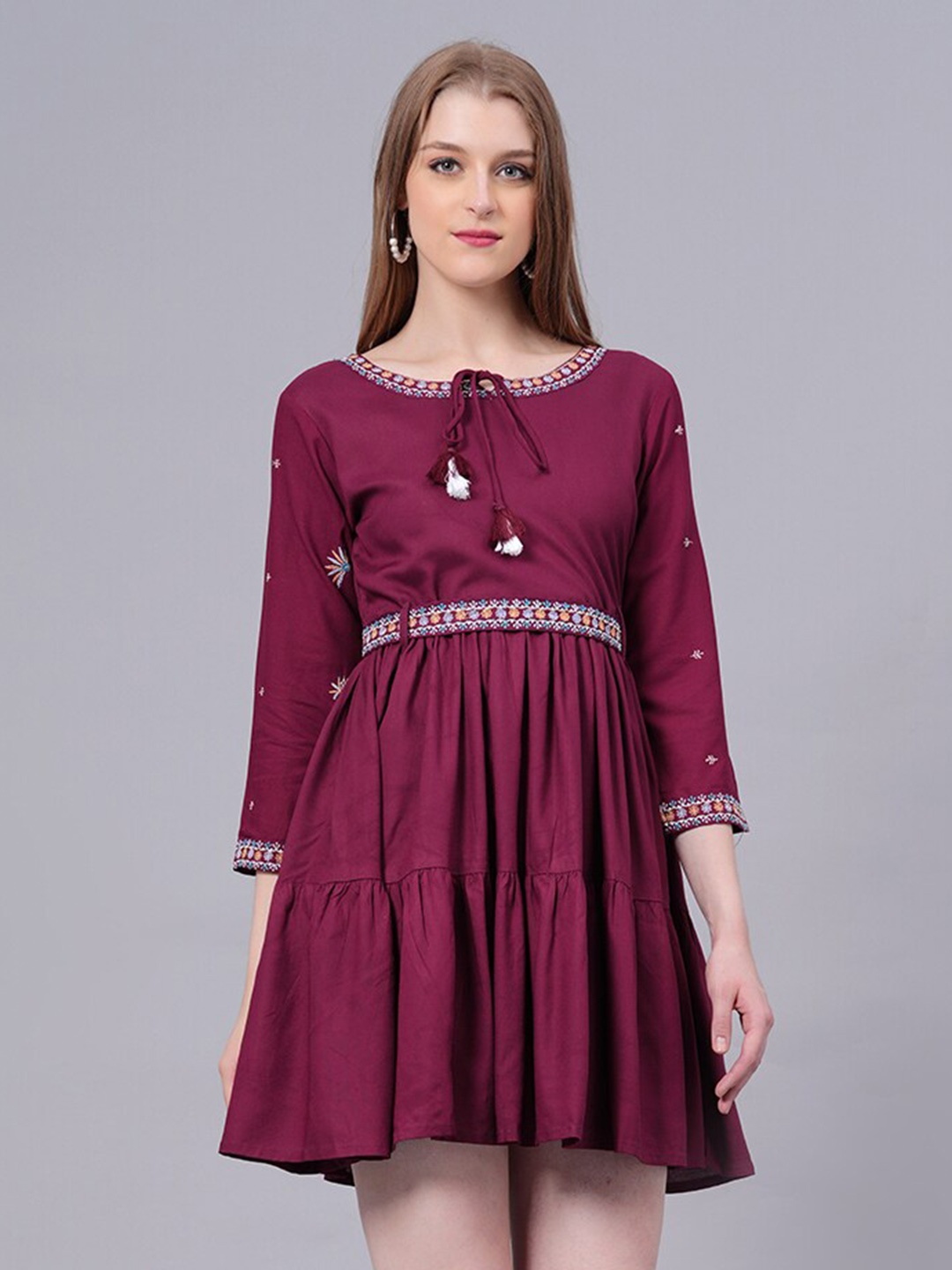 

JC4U Tie-Up Neck Fit & Flare Dress, Maroon