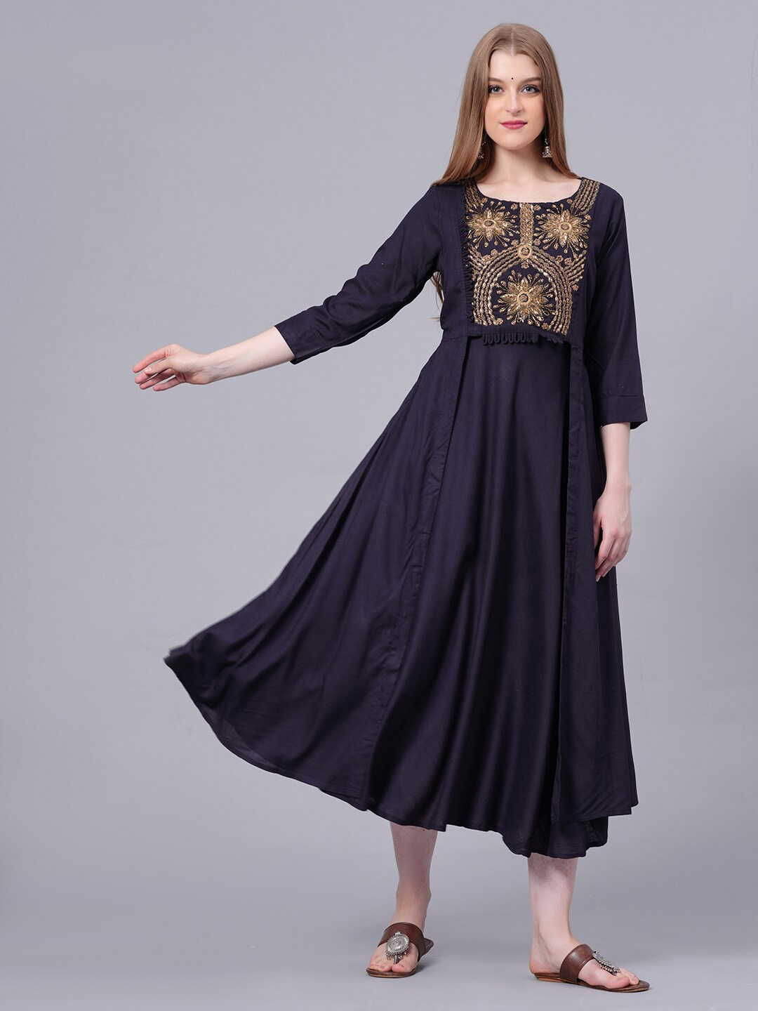 

JC4U Floral Embroidered Fit & Flare Ethnic Midi Dress, Navy blue