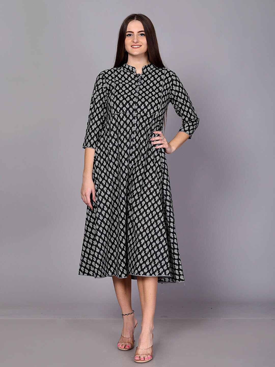 

JC4U Floral Printed Mandarin Collar Fit & Flare Midi Dress, Black