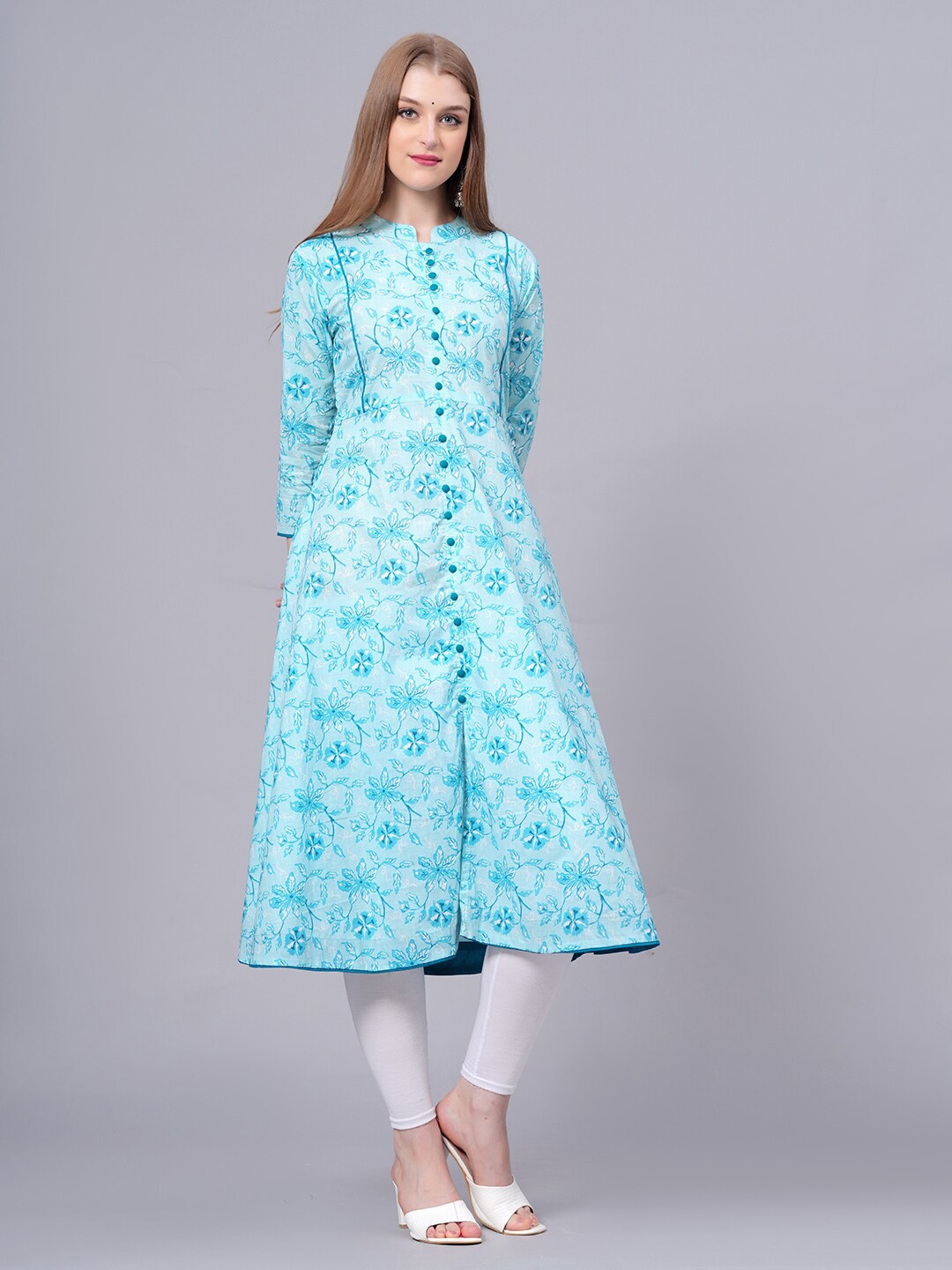 

JC4U Floral Printed Mandarin Collar A-Line Kurta, Blue