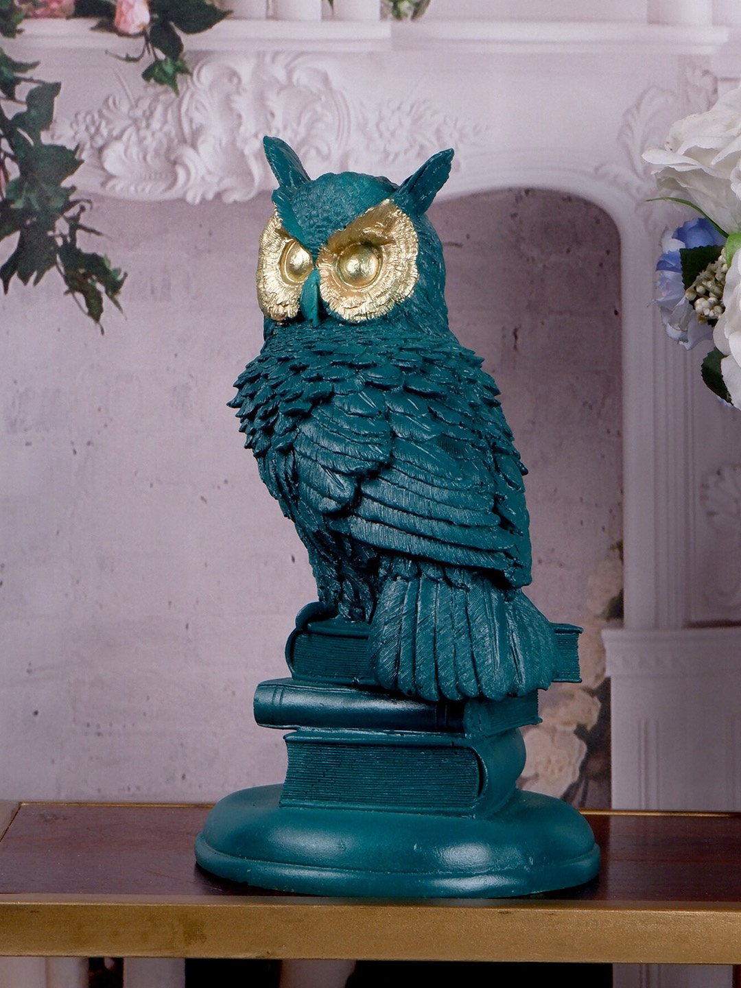 

THE WHITE INK DECOR Teal Green & Gold Elegance Owl Showpiece