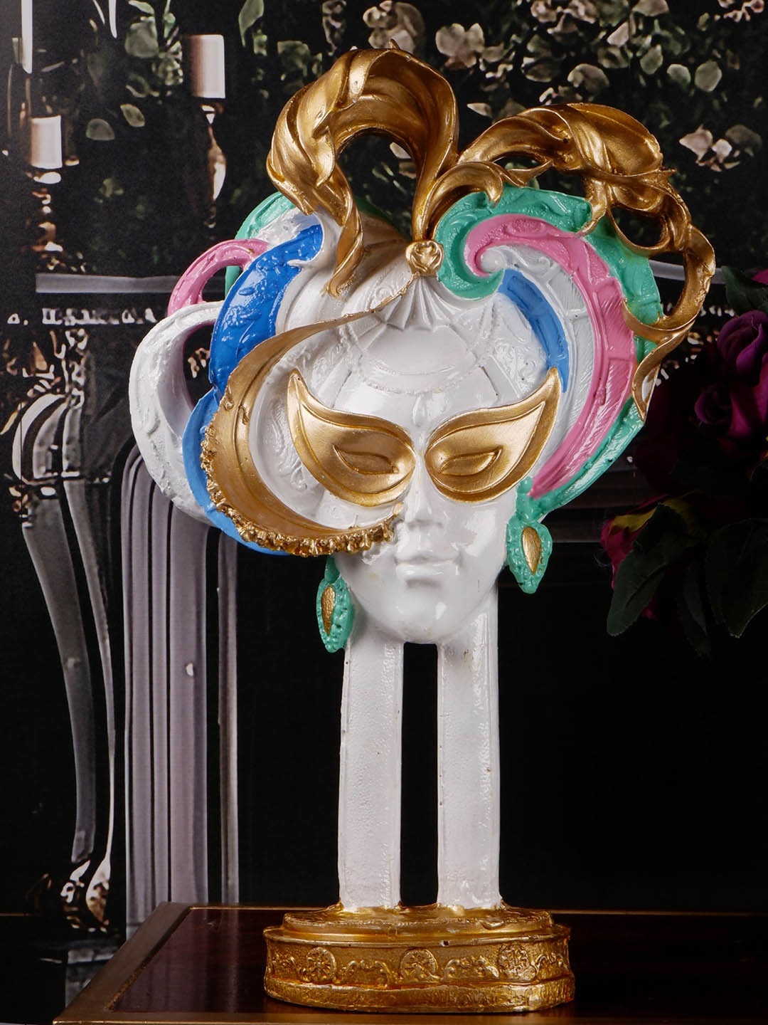 

THE WHITE INK DECOR White & Green Masked Face Showpiece