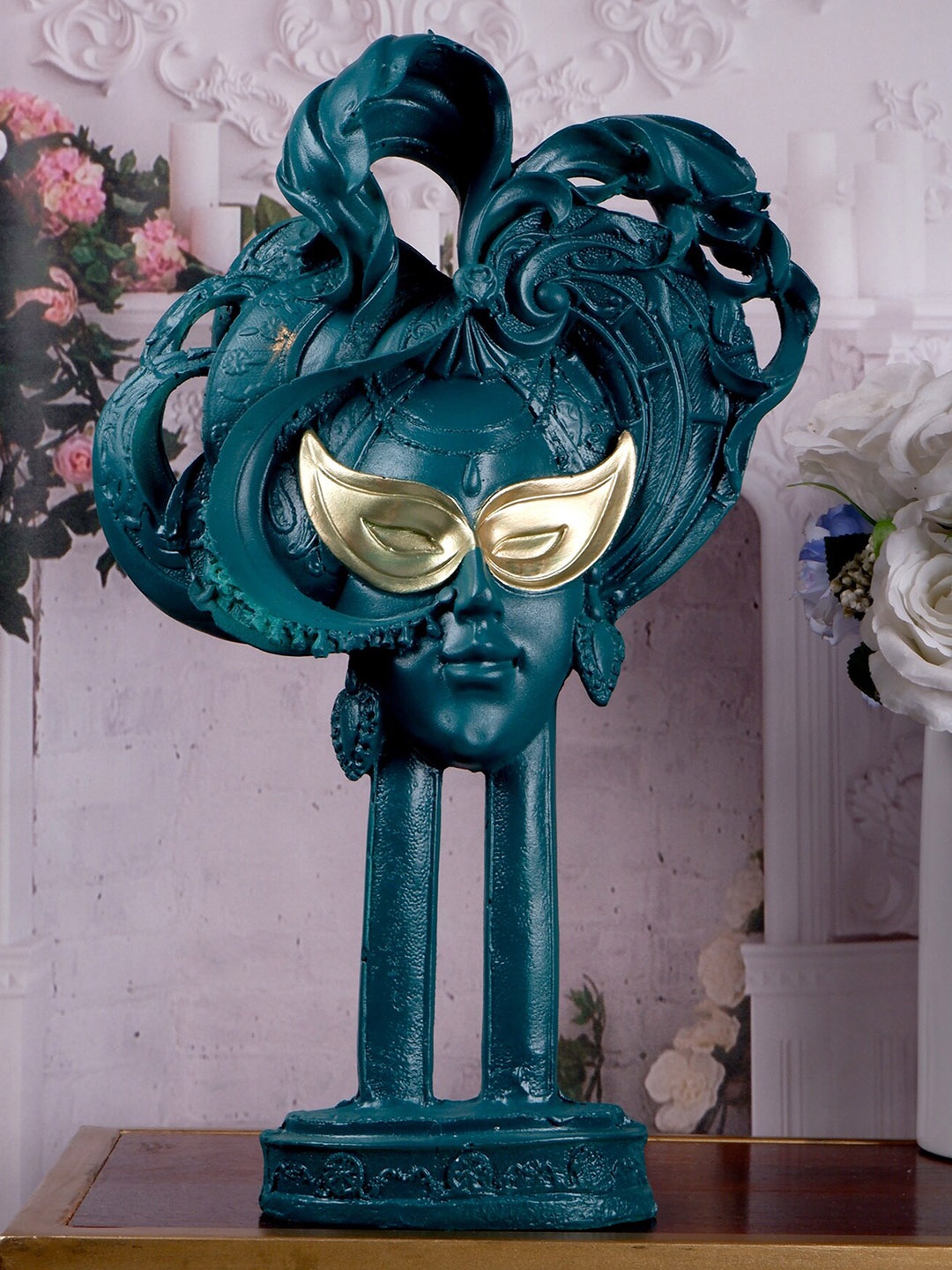 

THE WHITE INK DECOR gold series Teal Green & Golden Fortune Figurine Showpiece