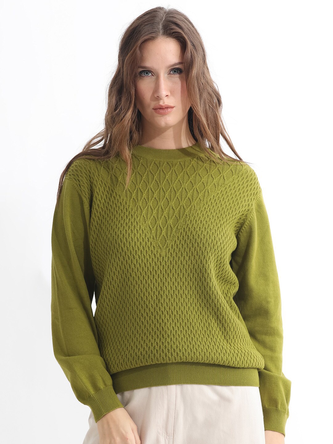 

RAREISM Open Knit Self Design Cotton Pullover Sweater, Olive