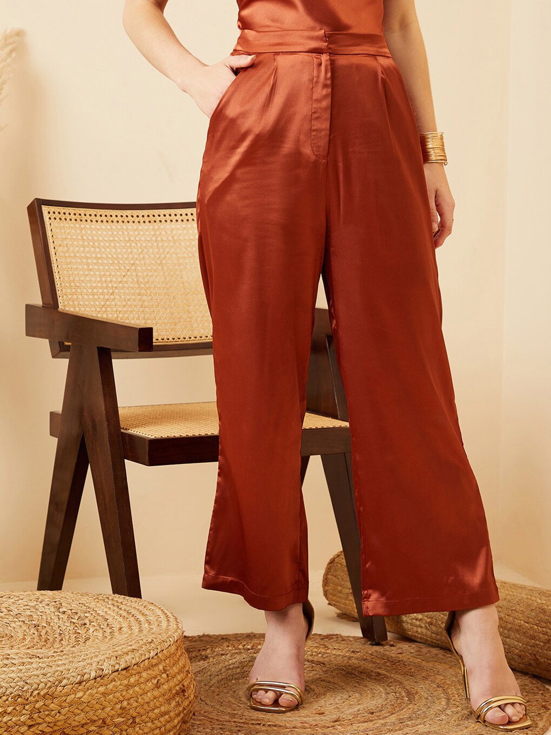 

Berrylush Women Rust Relaxed Straight Leg High-Rise Parallel Trousers