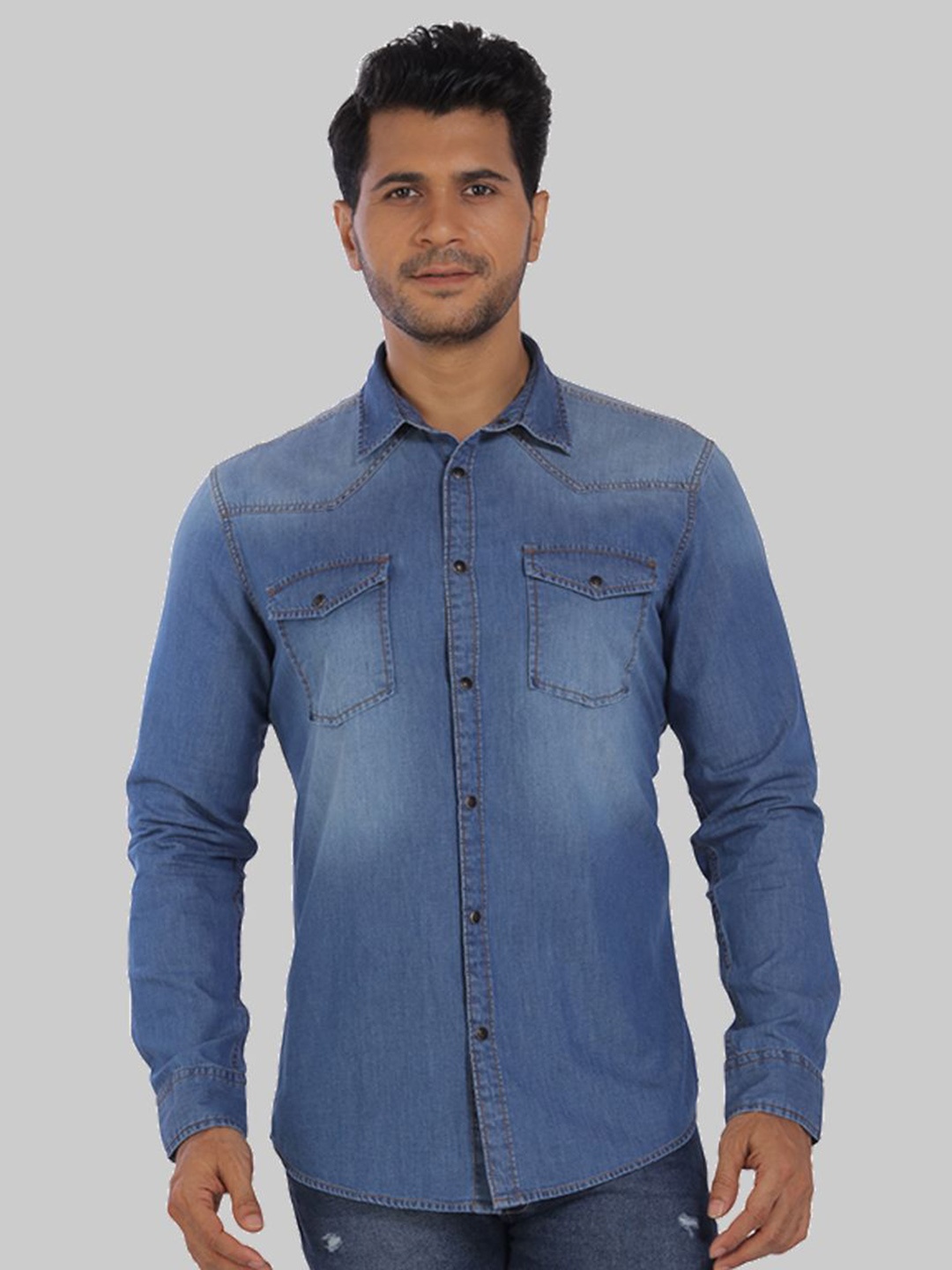 

ROCKING SWAMY Slim Fit Faded Spread Collar Long Sleeve Pocket Denim Cotton Casual Shirt, Blue