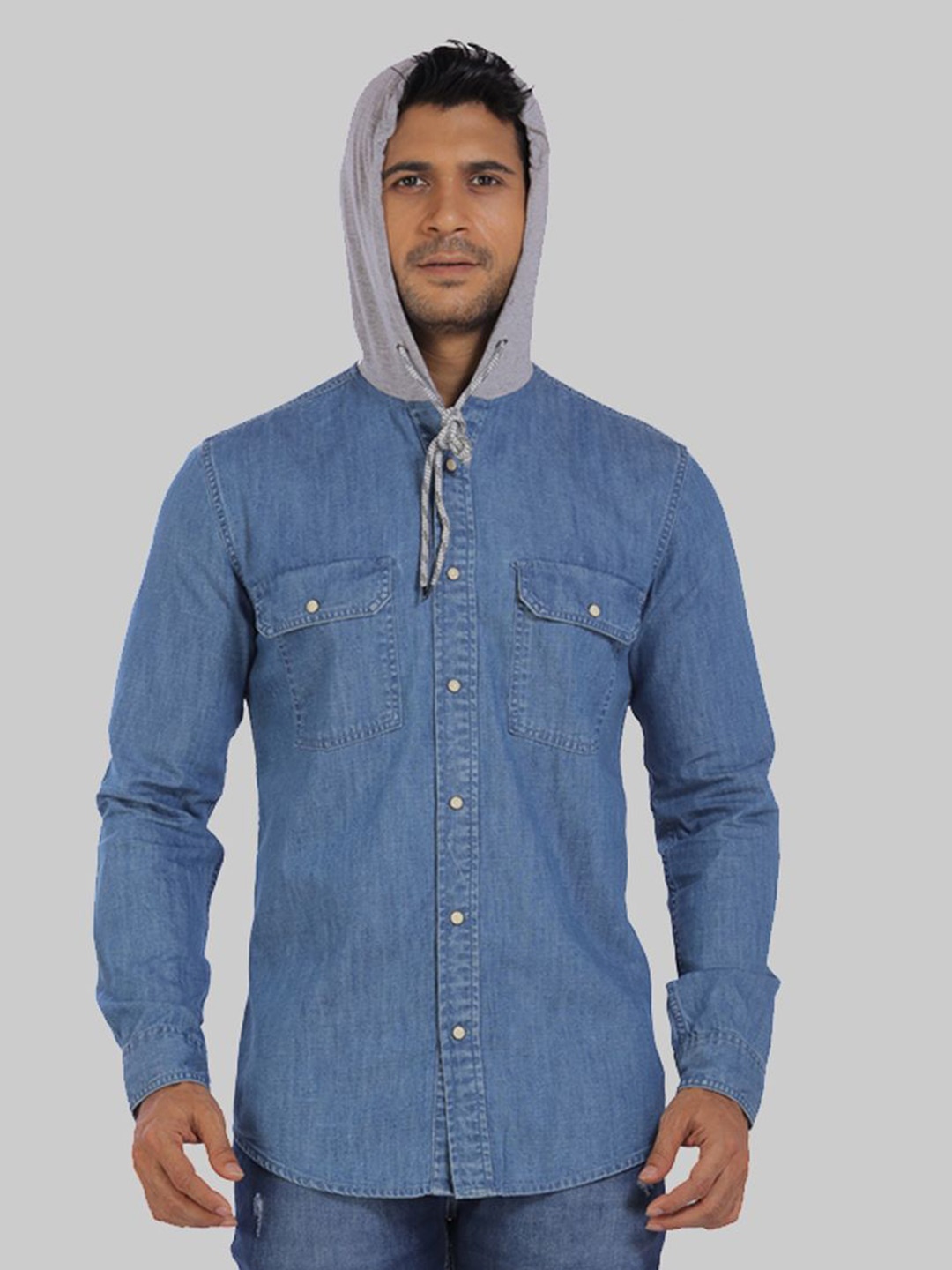 

ROCKING SWAMY Slim Fit Hooded Denim Cotton Casual Shirt, Blue