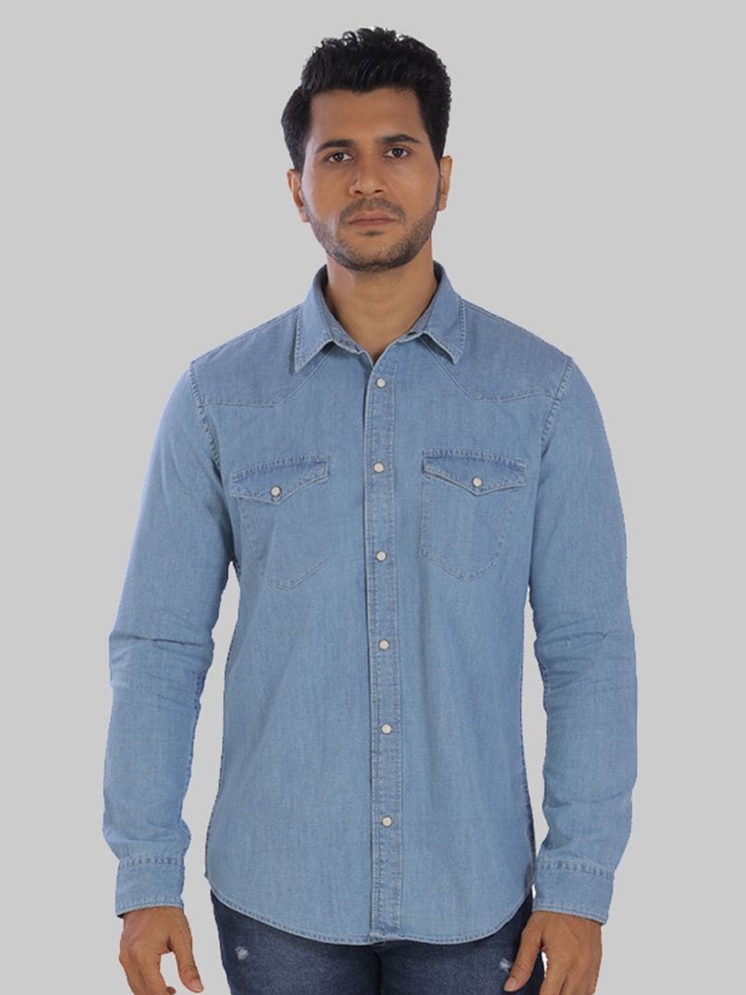 

ROCKING SWAMY Slim Fit Spread Collar Denim Cotton Casual Shirt, Blue