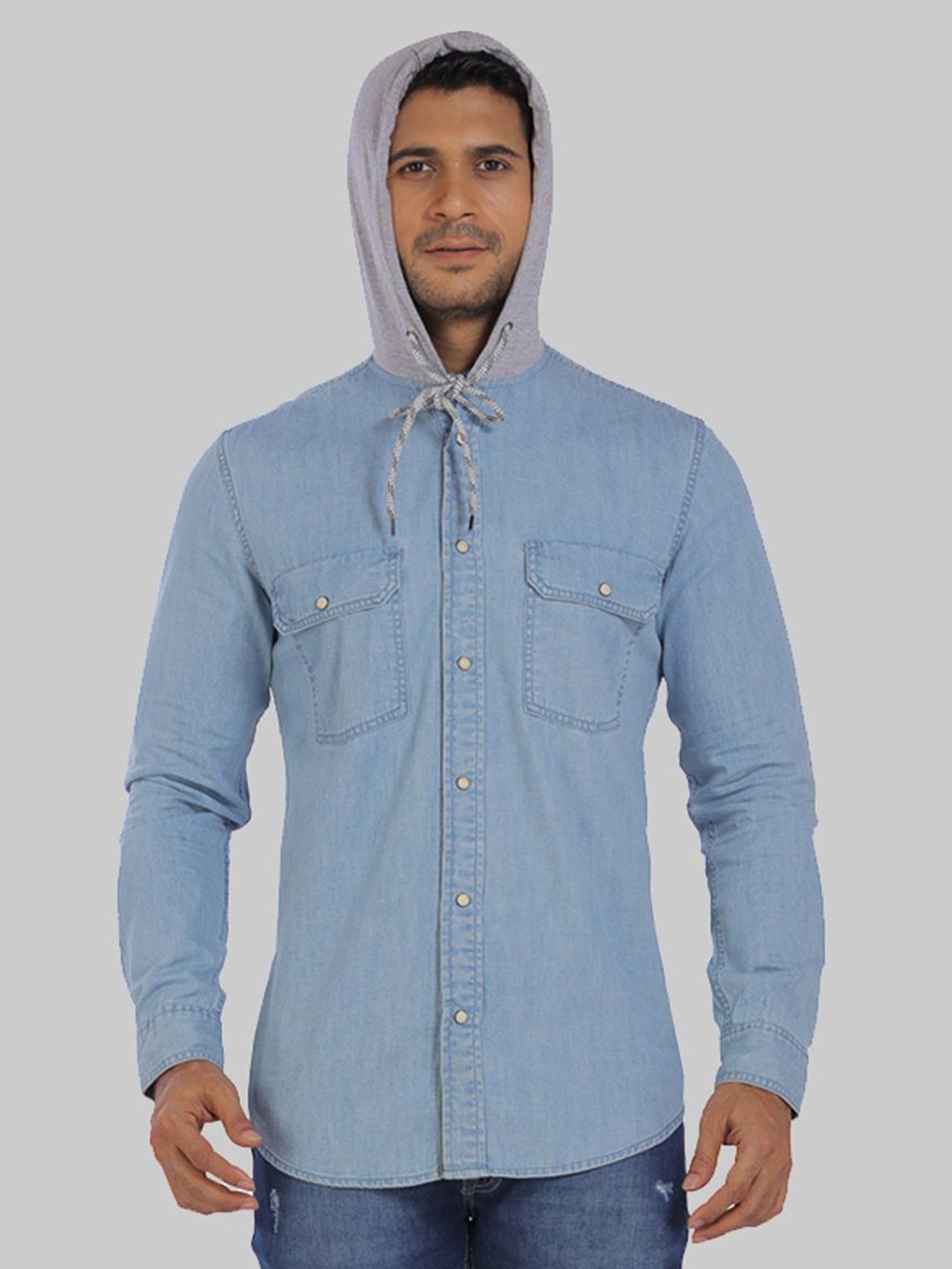 

ROCKING SWAMY Slim Fit Hooded Denim Cotton Casual Shirt, Blue