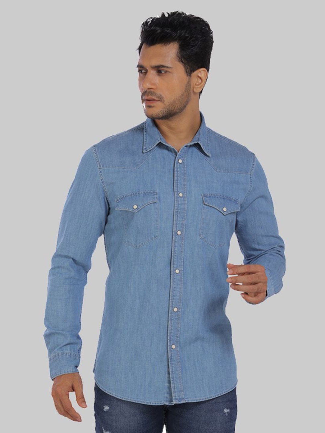 

ROCKING SWAMY Slim Fit Spread Collar Long Sleeve Pocket Denim Cotton Casual Shirt, Blue