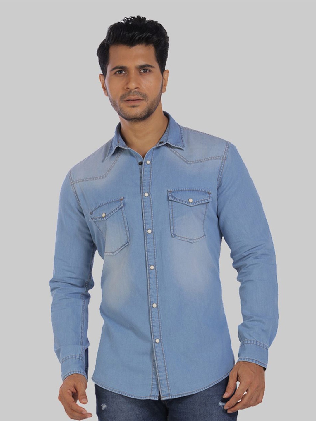 

ROCKING SWAMY Slim Fit Washed Spread Collar Denim Cotton Casual Shirt, Blue