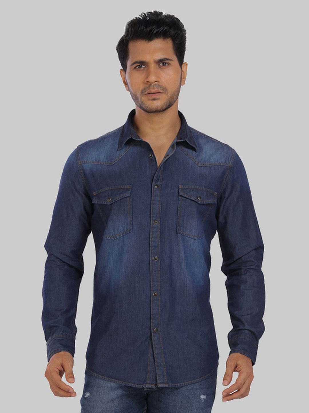 

ROCKING SWAMY Slim Fit Washed Spread Collar Denim Cotton Casual Shirt, Navy blue