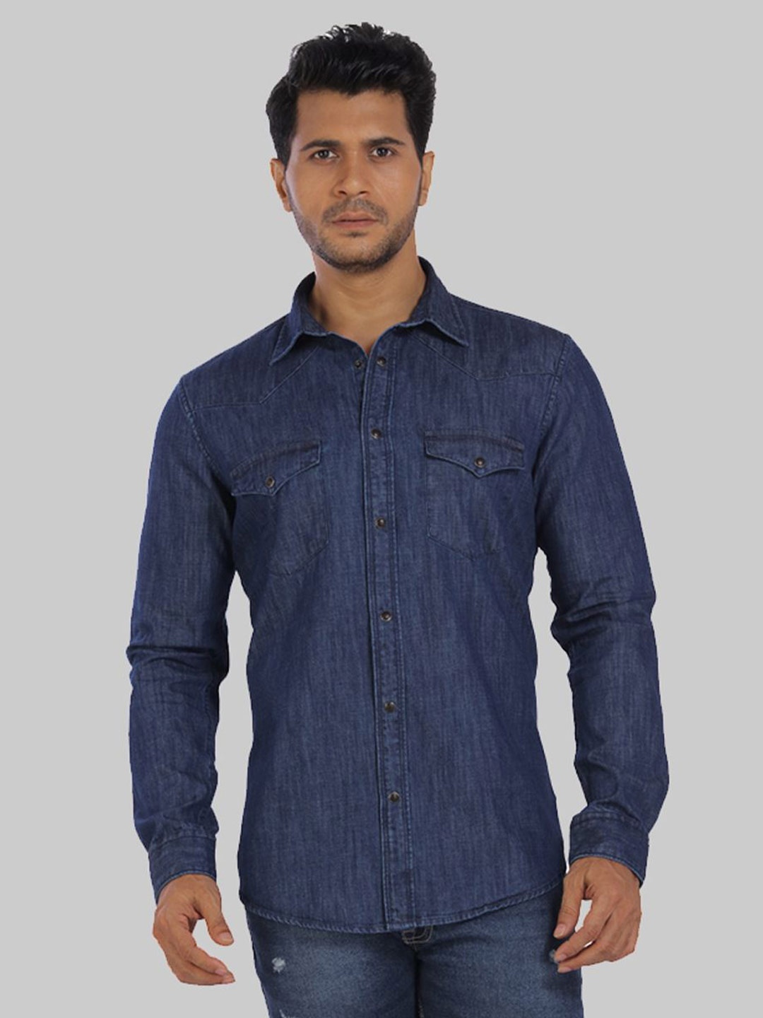 

ROCKING SWAMY Slim Fit Spread Collar Denim Cotton Casual Shirt, Navy blue