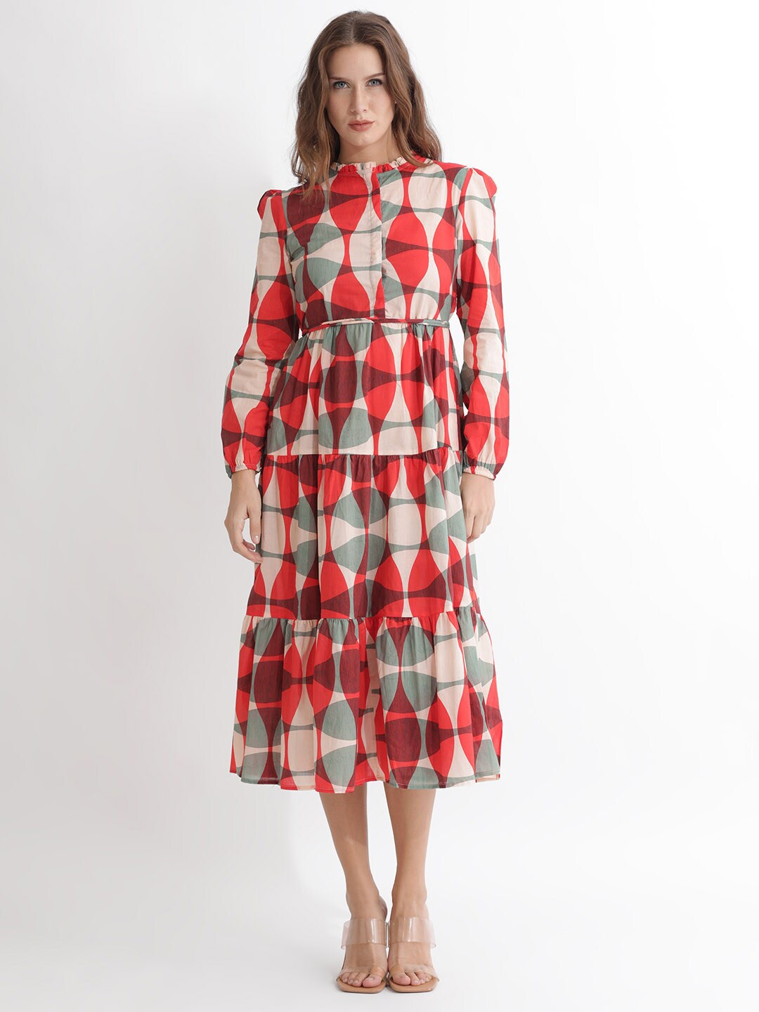 

RAREISM Printed Puff Sleeves Cotton Fit & Flare Midi Dress, Red