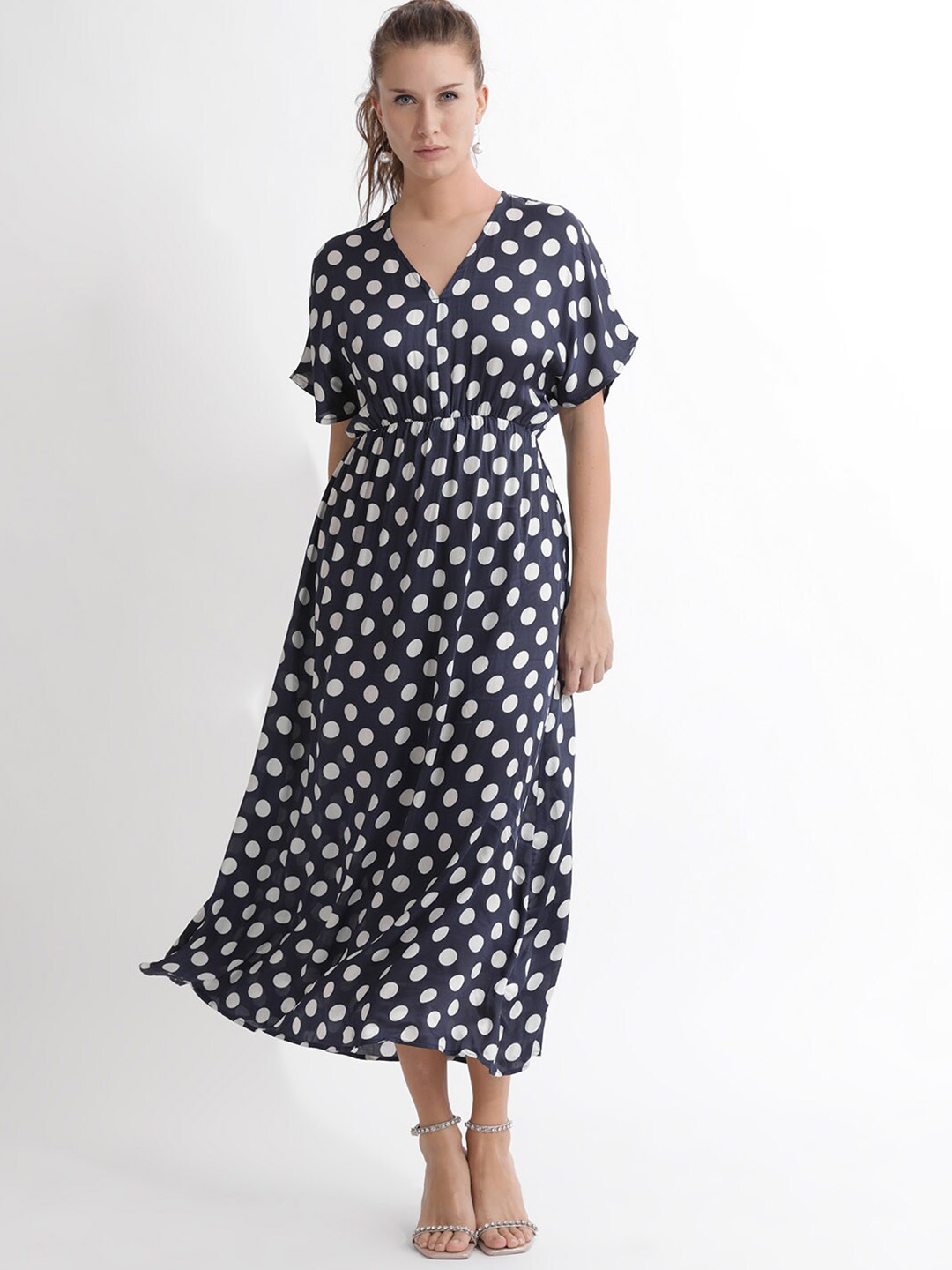 

RAREISM Polka Dots Printed Modal Maxi Dress, Navy blue